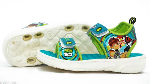 Blue and green kids' sandals, featuring a playful parrot design on the straps. The soles are adorned with vibrant color details from the "Ben 20 Adventures" collection, making them a fun choice for little adventurers. These comfortable sandals are perfect for warmer weather or as a gift for any young adventure seeker. Recommended for ages 1 to 13