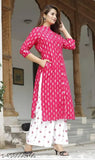 Rayon printed A-line kurti for women's office and party wear, featuring three-quarter sleeves in vibrant Indian design. S (36in bust, 44in length)
