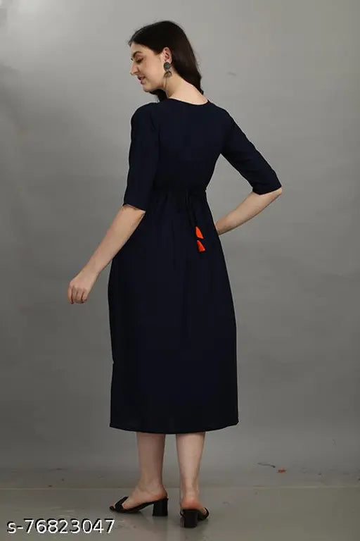 Navy blue satin dress with a zip at the back