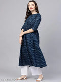 Blue & White Cotton Anarkali Jumpsuit with Palazzo Geometric Print, 3/4th Sleeves, Round Buttoned Neck - Women & Teenage Girls Fashion Set