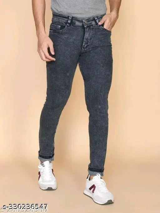 Men's grey slim-fit cotton blend jeans, trendy denim with dyed/washed pattern and a solid design