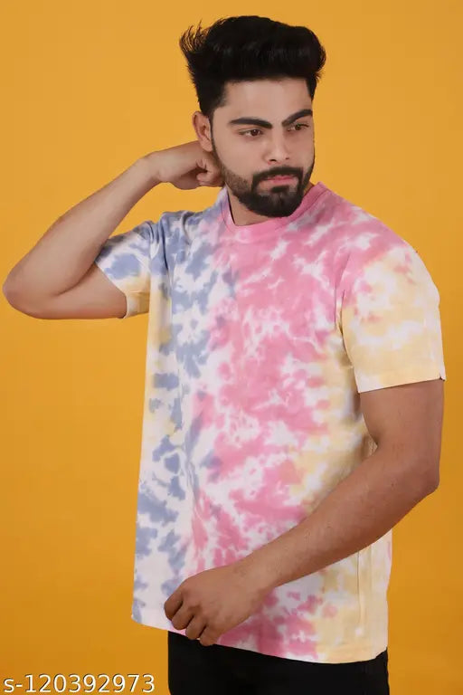 Multi color tie-dye cotton short sleeves t-shirt, printed pattern on a bio-washed round neck tee, variety of sizes available (S-XL) from India