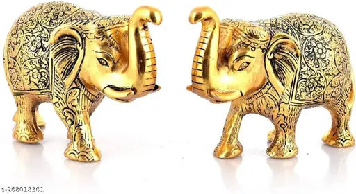 Small golden metal elephants, good luck charm, decorative showpiece, set of two, home office table ornament