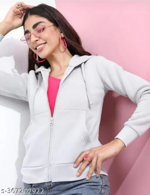 Fleece white zipper hoodie for women, solid design with long sleeves