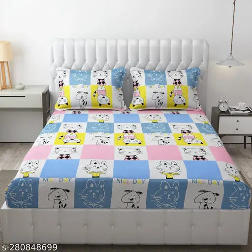 Cotton feel VOMZER king size fitted bedsheet with two pillow covers, all-round elastic, 280 TC, 72x78, 10" - vibrant cartoon pattern for summer adult use