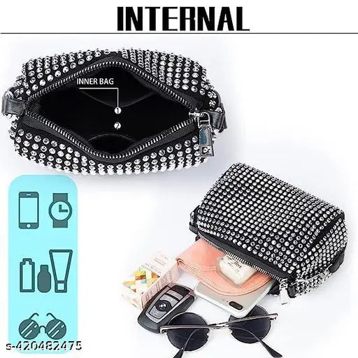 Crossbody bag, summer fashion accessory, women's style, silver rhinestone pattern, two front pockets, black inner bag, detachable shoulder strap