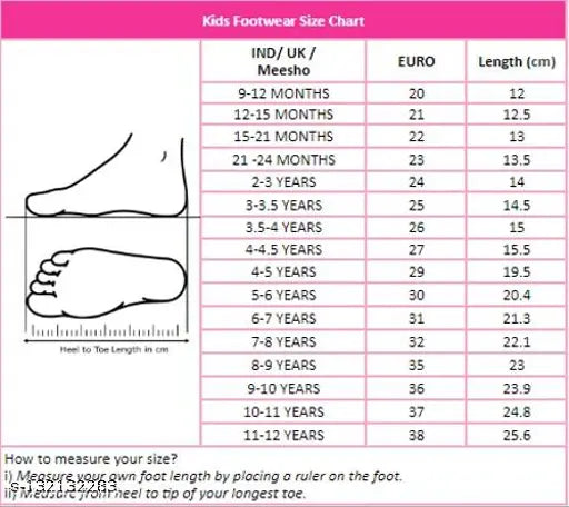 Multicolor kids casual sandals, size chart