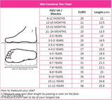 Multicolor kids casual sandals, size chart