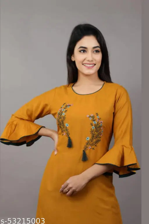Gold rayon kurta set, ethnic villa design, embroidered long kameez with short sleeves and matching sharara