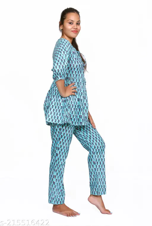 Modern women nightsuits, printed cotton pyjamas set with short sleeves, soft and breathable sleepwear from Fonozone's collection, India-made