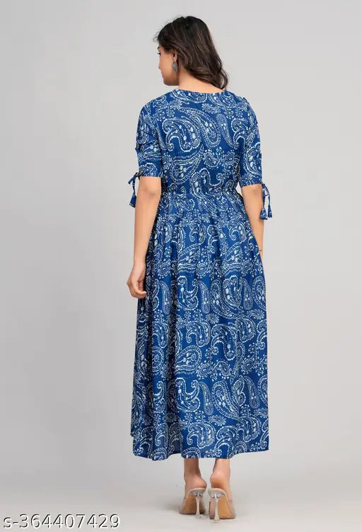 Women's blue rayon paisley print fit-and-flare Anarkali dress, short sleeves, machine washable