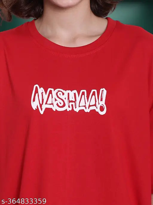 Red cotton oversized loose fit printed t-shirt for women