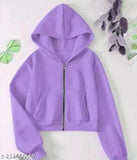 Fleece long-sleeved solid-pattern crop huddy for women, XS (bust 32in, length 17in), made in India