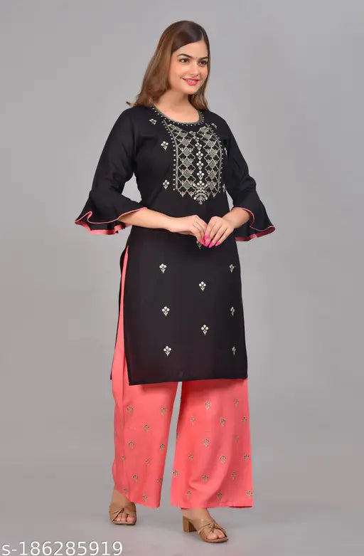 Rayon printed net kurta pallazo set, three-quarter sleeves, XL, India-made fashion