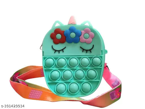 Green unicorn shoulder bag with fidget popper, crossbody style