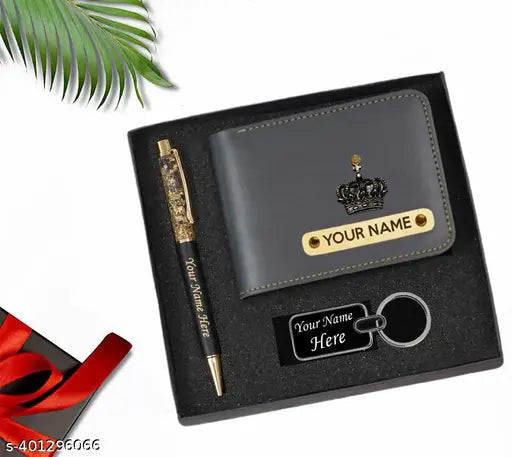 Customized gray faux leather wallet, pen, & keychain combo with engraved name - India-made men's accessory set