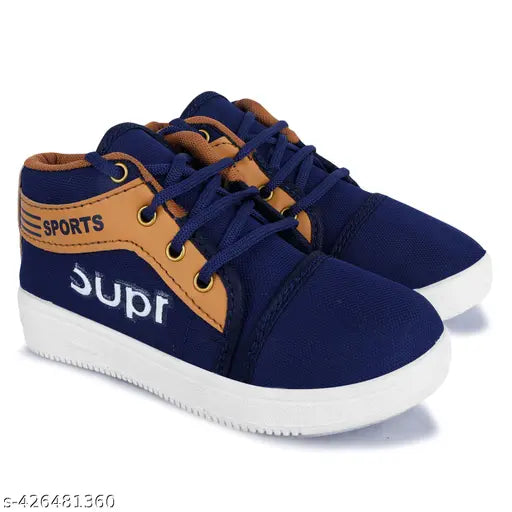 Dark blue canvas children's sports shoes with white laces and a brown brand logo