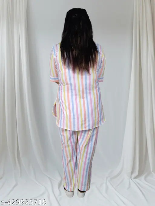 Multicolor striped cotton blend night suit for girls & women, comfortable short kurti pant set with loose-fit design and classic stripe pattern