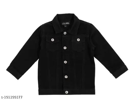 Dark black wash denim jacket with two chest pockets and buttoned front