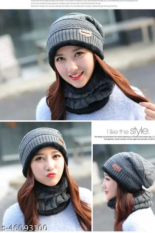 Grey fur trimmed beanie cap, checkered winter scarf for women's fashion