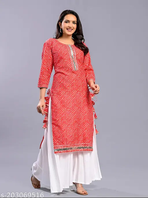 Red lehriya kurta set with white palazzo, vibrant red cotton kurta and classic white palazzo for festive occasions