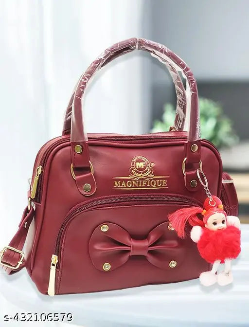 Stylish red sling bag with adjustable straps, front pocket and bow detailing