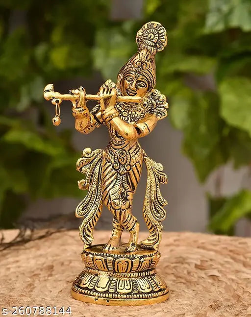 Gold-plated Krishna statue idol, playing flute, 22cm metal home decoration, Indian origin