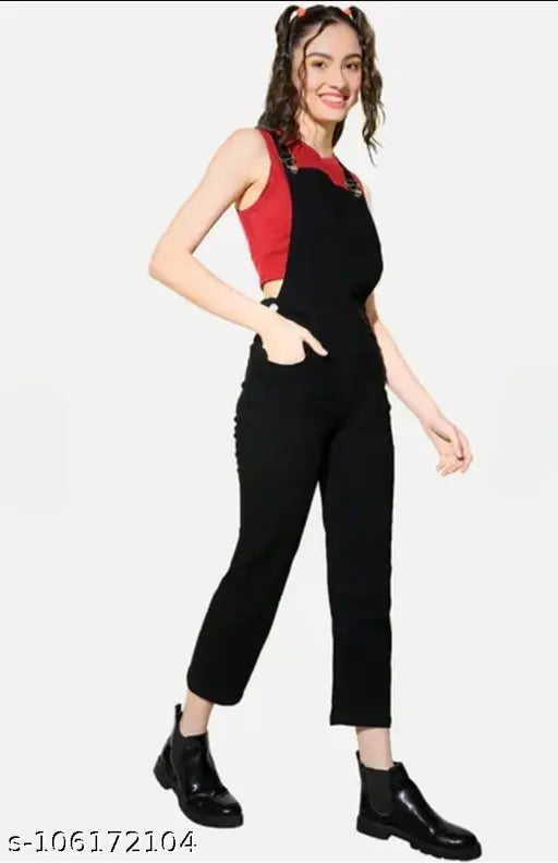 High waisted blue denim dungaree with adjustable shoulder straps, four pockets, belt loops, mock fly, and 3 button closure - size L (38in bust/38in length/30in waist/34in hip), made in India