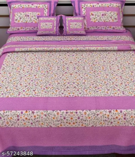 Purple cotton double bedsheet with floral print, includes 2 pillow covers. 57243848