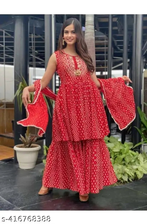 Red, rayon, printed kameez set with sharara and dupatta