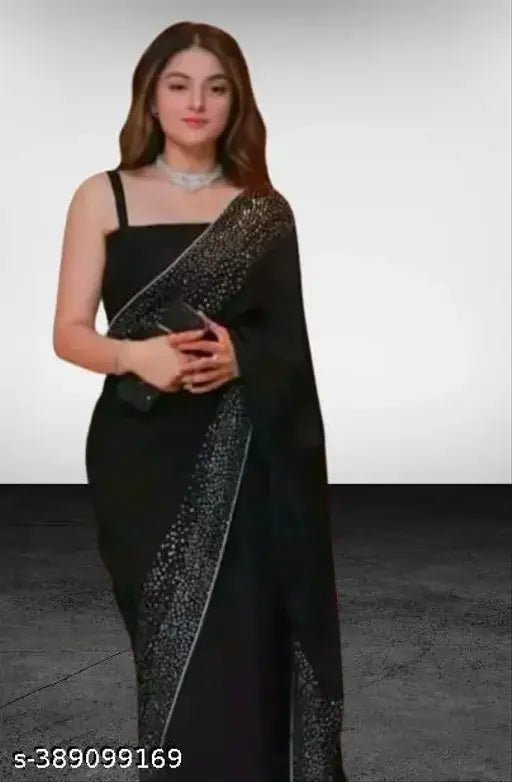 Black satin saree with border detail
