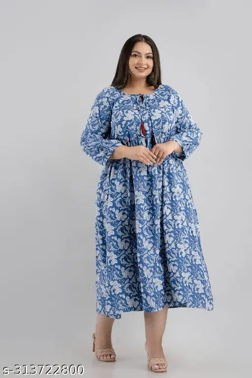 Blue floral patterned long kurta for women