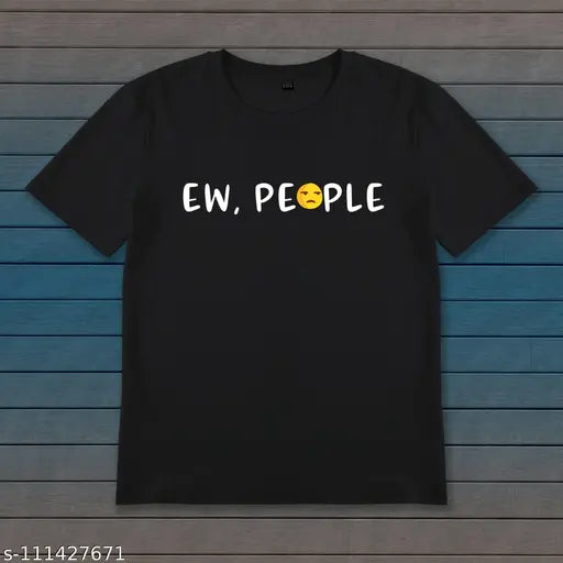 Black women's t-shirt, cotton, short sleeves, printed with unamused face design