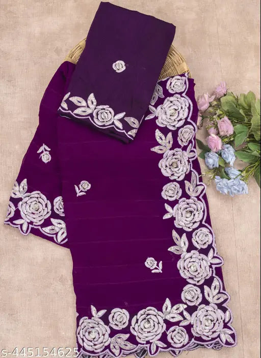 Purple embroidered thread work sari with floral pattern, blouse