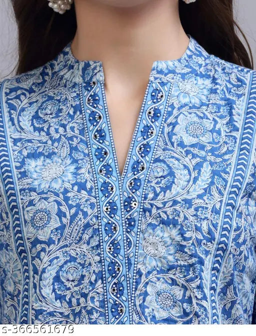 Blue & White Floral Printed Viscose Kurti, Three-Quarter Sleeves, Mandarin Collar, Country of Origin: India