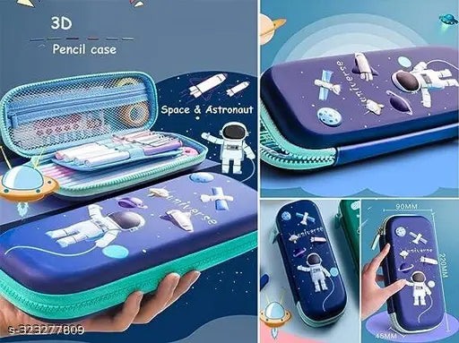 Large, colorful 3D pencil case with astronaut design and space theme, offering 3 pockets for stationery, pens, and pencils, suitable for school students, designed to keep belongings organized and within easy reach
