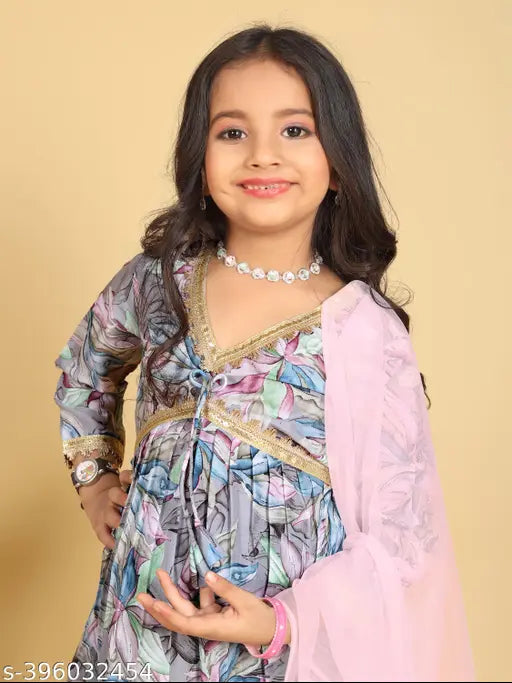 Teal Kora Muslin Maslin Fabric Alia Cut Top with Sharara Dupatta Set for Girls - Traditional Ethnic Wear for Kids, India