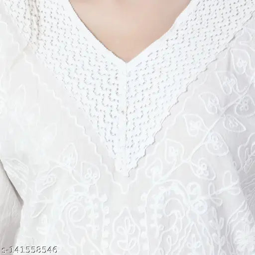 White Chikankari long top, 100% cotton, embroidered net V-neck, casual daily wear