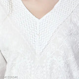 White Chikankari long top, 100% cotton, embroidered net V-neck, casual daily wear
