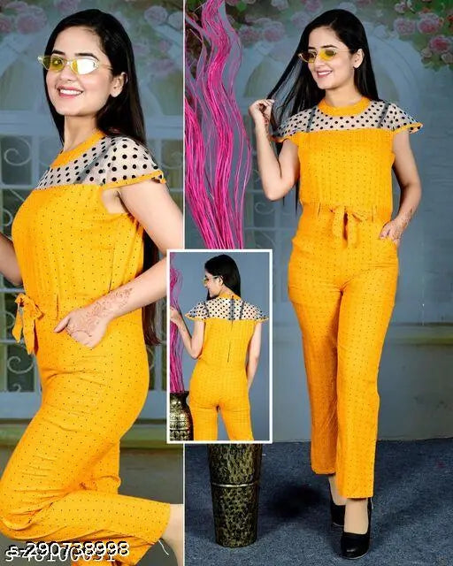 Stylish summer cotton jumpsuit with net shoulders for girls, printed pattern and short sleeves on display
