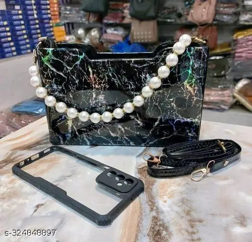 Marble fabric sling bag with pearl handle and multiple compartments