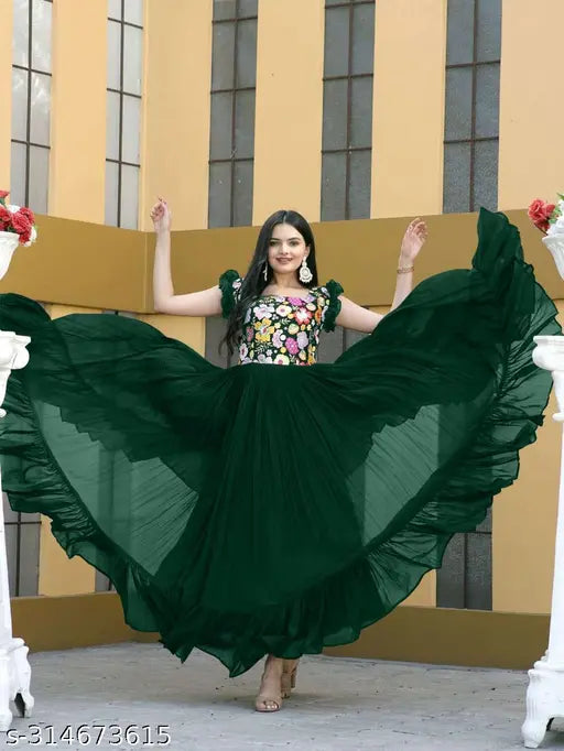 Georgette material, traditional design, embroidered embellishments, floor length dress