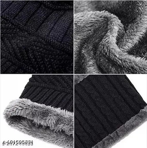 Woolen winter cap with neck warmer and cotton sleeves set (India), solid design for men and women