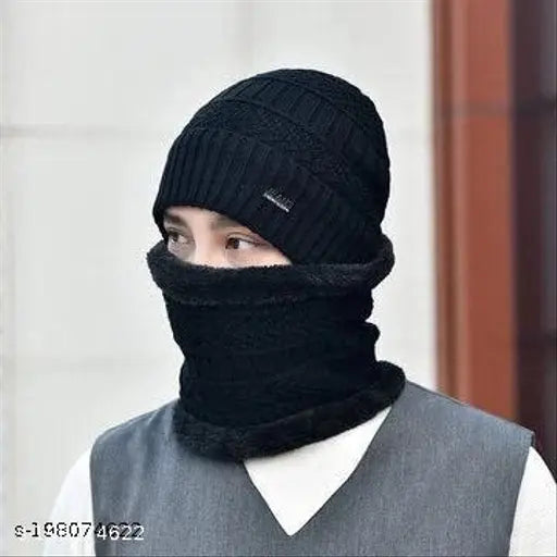 Wool winter beanie cap set with muffler & neck warmer, extreme cold protection for men