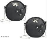 Black leather sling handbag with zip closure, trendy office bag for women and girls