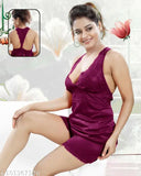 Wine-colored satin sleepwear set: chemise top & shorts, soft & sexy nightwear