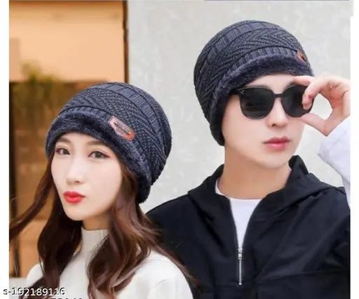 Trendy black wool beanie, fleece-lined with matching neck scarf - winter fashion for men