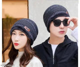 Trendy black wool beanie, fleece-lined with matching neck scarf - winter fashion for men