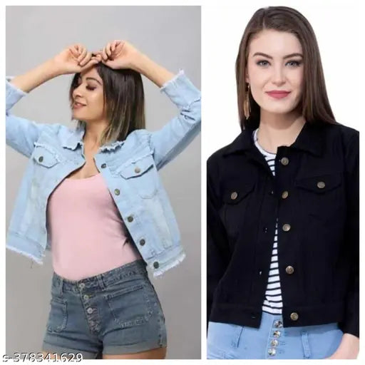 Denim jacket combo pack 2, solid-colored three-quarter sleeve denim jackets for women (S, M, L, XL), made in India