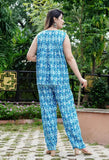 Blue rayon co-ord set: sleeveless top & pant set in rayon fabric, India